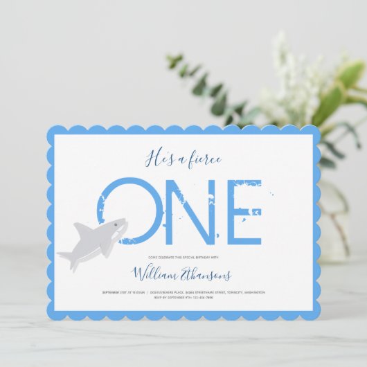 Fierce One Blue White Shark Animal First Birthday Kaart (Staand voorkant)
