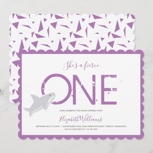 Fierce One Paars Shark Animal First Birthday Invi Kaart (Voorkant / Achterkant)