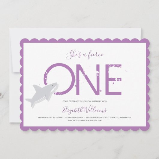 Fierce One Paars Shark Animal First Birthday Invi Kaart (Voorkant)