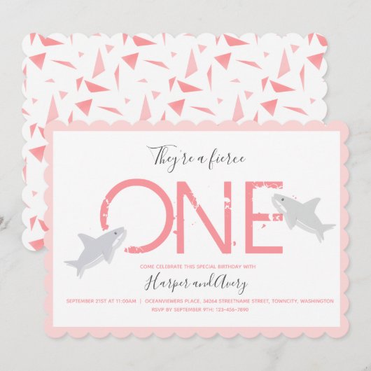Fierce One Pink Twins Shark Animal Eerste Verjaard Kaart (Voorkant / Achterkant)