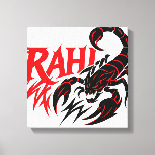 Fierce Scorpion Graphic Art Design met "RAHI" teks Canvas Afdruk