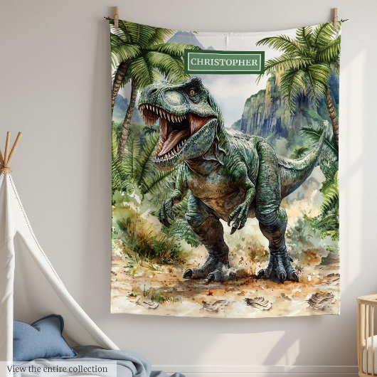 Fierce T-Rex Dinosaur Blanket Custom Boy Naam Fleece Deken