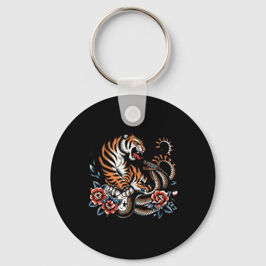 Fierce Tiger en Snake Fight Design Clic Tattoo St Sleutelhanger (Voorkant)