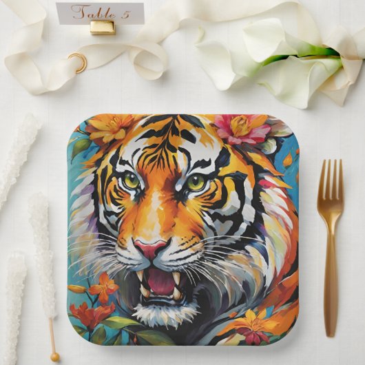 Fierce Tiger Floral Papieren Bordje (Huwelijk)