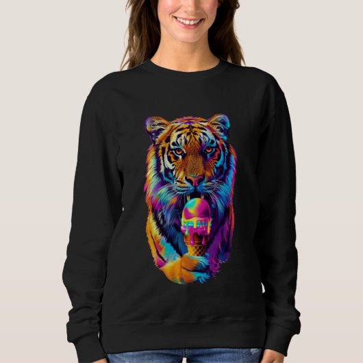 Fierce Tiger Ice Cream Cone Retro 80s Outrun Vibe Trui (Voorkant)