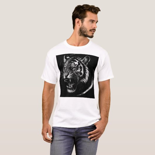 Fierce Tiger Roar – Monochrome Ink Style T-shirt (Voorkant volledig)