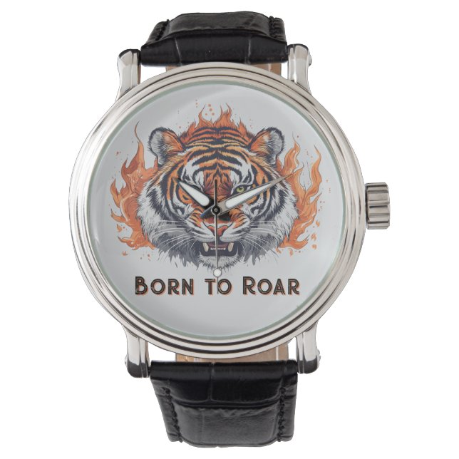 Fierce Tiger with Flames -  tekst Horloge (Voorkant)