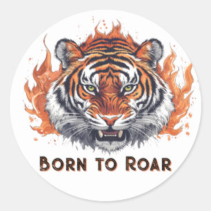 Fierce Tiger with Flames - tekst Ronde Sticker