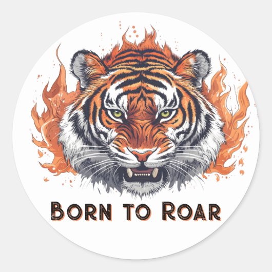 Fierce Tiger with Flames -  tekst Ronde Sticker (Voorkant)