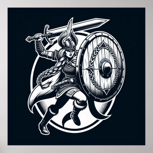 Fierce Valkyrie Warrior – Noordse mythologie Line Poster (Voorkant)