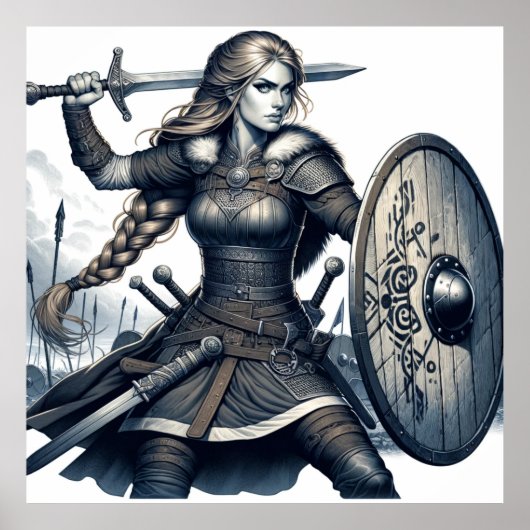 Fierce Valkyrie Warrior – Noordse mythologie Line  Poster (Voorkant)