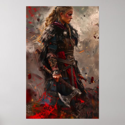 Fierce Vrouw Viking Warrior Holding Viking Axe Pos Poster (Voorkant)