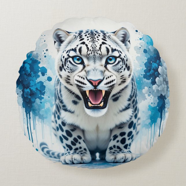 Fierce White Leopard Rond Kussen (Voorkant)