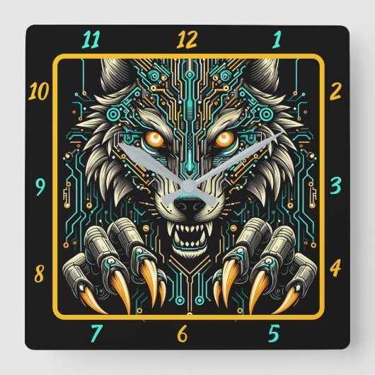 Fierce Wolf Neon Glow Timepiece Vierkante Klok (Voorkant)
