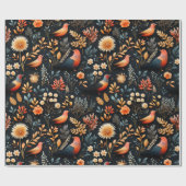 Fiery Autumn Elegance Wilde Vogels & Bloemen, Zwar Cadeaupapier (Vlak)
