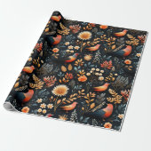 Fiery Autumn Elegance Wilde Vogels & Bloemen, Zwar Cadeaupapier (Uitgerold)