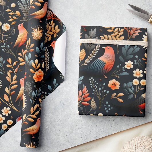 Fiery Autumn Elegance Wilde Vogels & Bloemen, Zwar Cadeaupapier