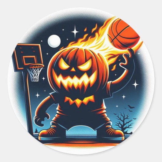 Fiery Basketball Pumpkin: Halloween Night Sports Ronde Sticker (Voorkant)
