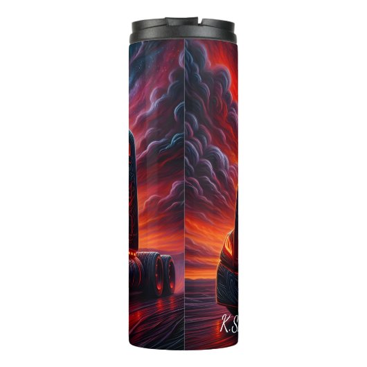 Fiery Black Semi Truck Sunset Thermosbeker (Achterkant)