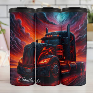 Fiery Black Semi Truck Sunset Thermosbeker