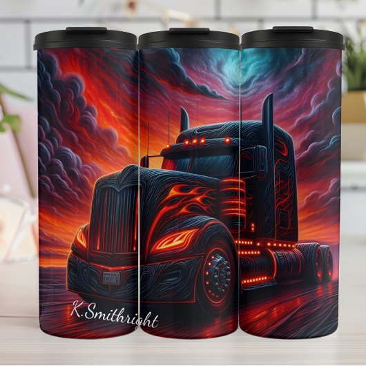 Fiery Black Semi Truck Sunset Thermosbeker