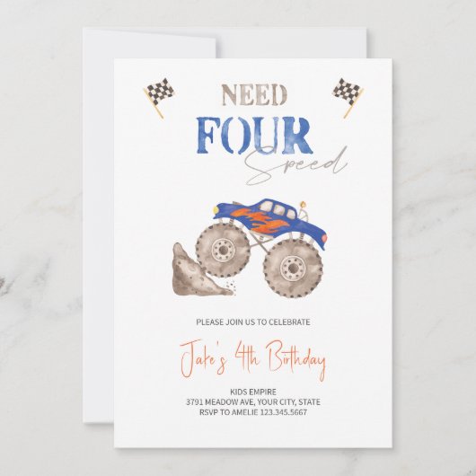 Fiery Blue Monster Truck 4e uitnodiging (Voorkant)