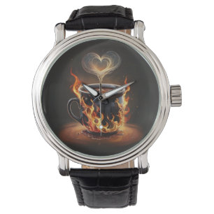 Fiery Christmas Coffee Cup met Heart Steam Art Horloge