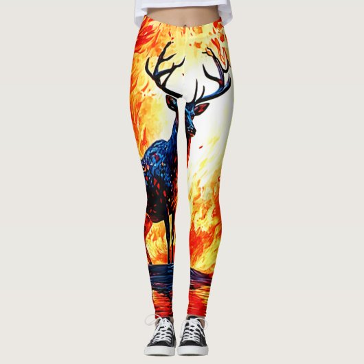Fiery Deer Stance-Crimson Stag Scene Leggings (Voorkant)