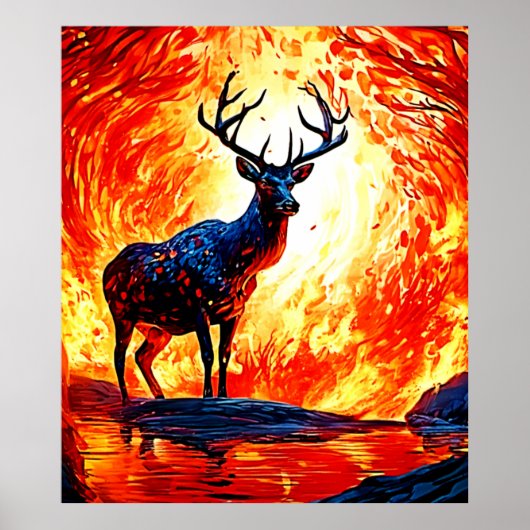 Fiery Deer Stance-Crimson Stag Scene Poster (Voorkant)