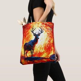Fiery Deer Stance-Crimson Stag Scene Tote Bag