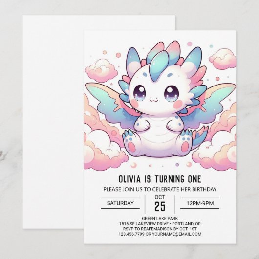 Fiery Dragon 1e verjaardag Kaart (Voorkant / Achterkant)