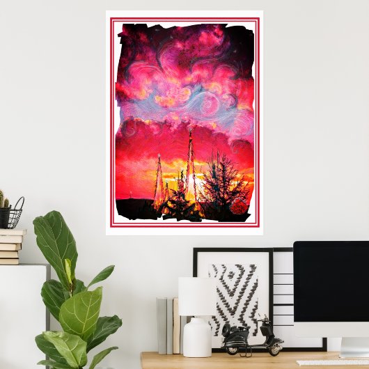 Fiery Fantasy Sunset met Crystal Towers Art Poster (Thuiskantoor)
