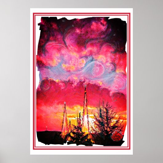 Fiery Fantasy Sunset met Crystal Towers Art Poster (Voorkant)