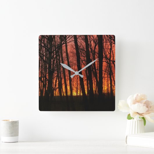 Fiery Forest Sunset Vierkante Klok (Huis)