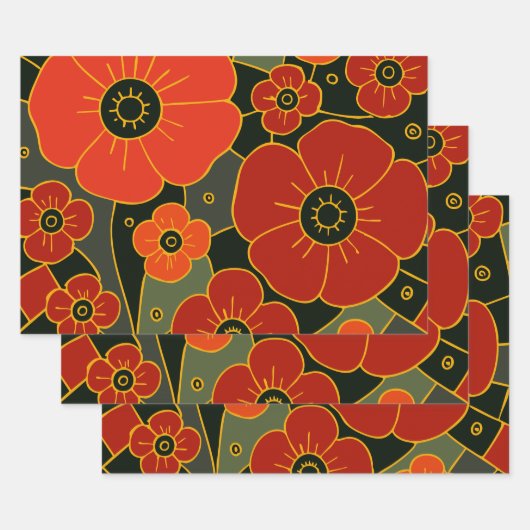 Fiery Garden – Stylized Poppy Bloom Inpakpapier Vel (Set)