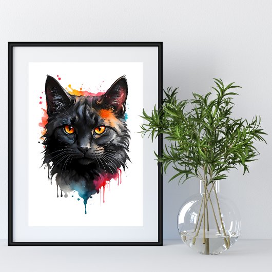 Fiery Gaze Black Cat Waterverf Animal Wall Art Poster
