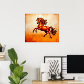Fiery Horse Leaps, Orange Gold, Artistic Grunge  Poster (Thuiskantoor)