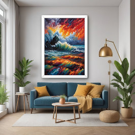 Fiery Ocean Storm - Abstracte zeegezicht kunst Perfect Poster