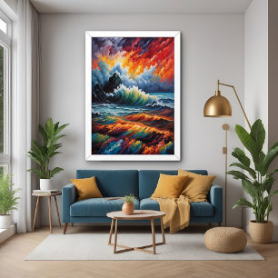 Fiery Ocean Storm - Abstracte zeegezicht kunst Perfect Poster