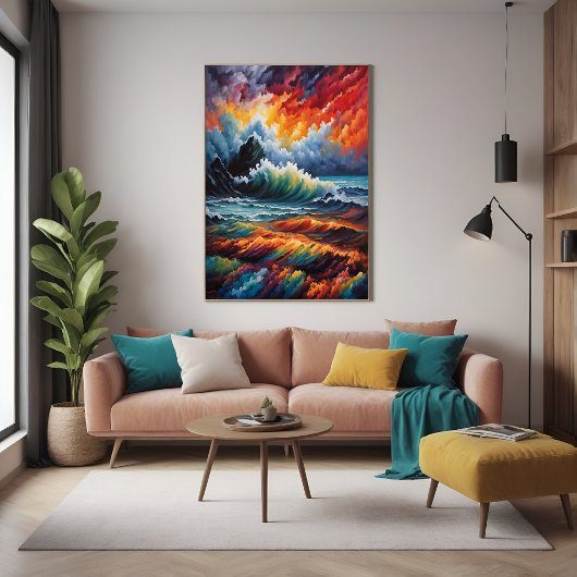 Fiery Ocean Storm - Abstracte zeegezicht kunst Poster