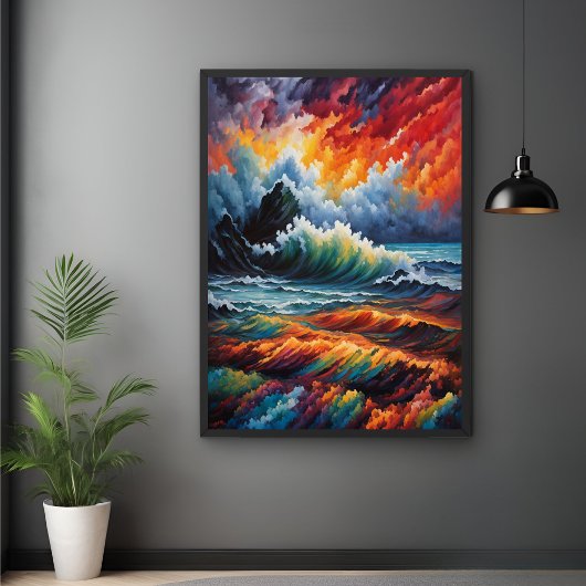 Fiery Ocean Storm - Abstracte zeegezicht kunst Poster