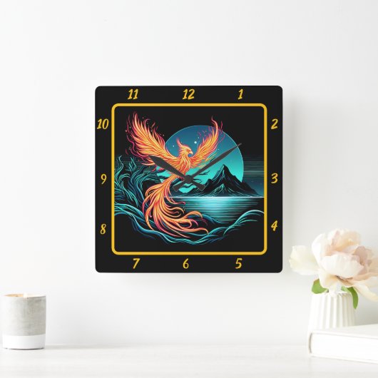Fiery Phoenix boven Silent Mountains Vierkante Klok (Huis)