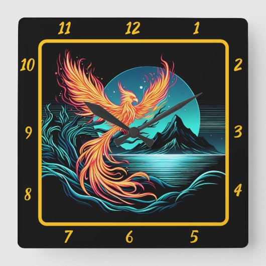 Fiery Phoenix boven Silent Mountains Vierkante Klok (Voorkant)