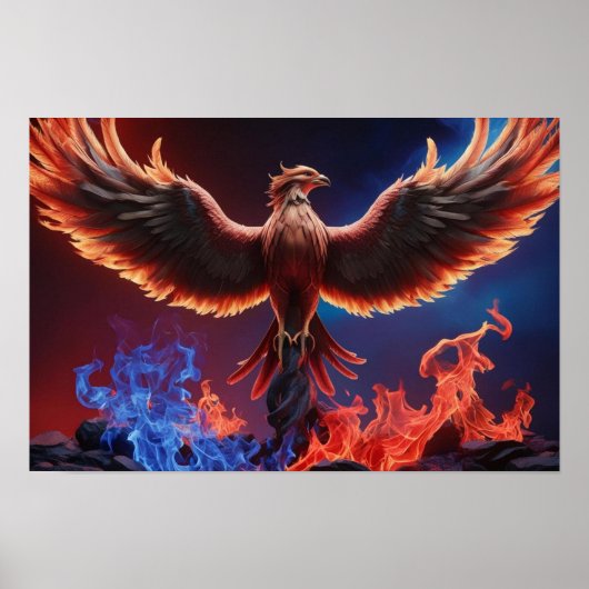 Fiery Phoenix: Rebirth in Red and Blue Flames Poster (Voorkant)