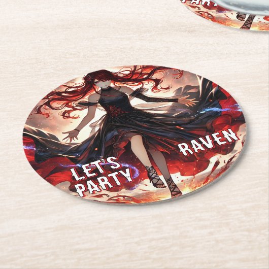 Fiery Raven Gothic Anime Girl Party Design Ronde Kartonnen Onderzetter (Gebogen)
