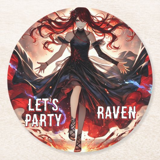 Fiery Raven Gothic Anime Girl Party Design Ronde Kartonnen Onderzetter (Voorkant)