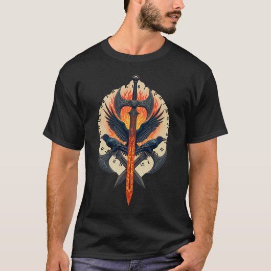 Fiery Raven Guardian: Viking Sword & Axe Emblem T-shirt (Voorkant)