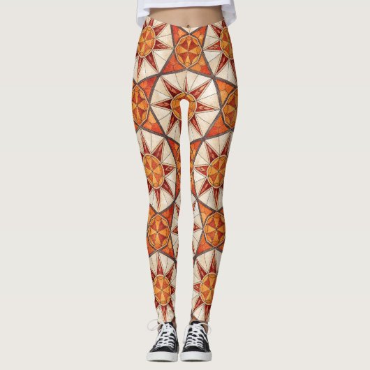 Fiery Red and Orange Starburst - Geometric Mosaic Leggings (Voorkant)
