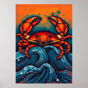 Fiery Red Crab - Vetgedrukte Zee Creature in Splas Poster