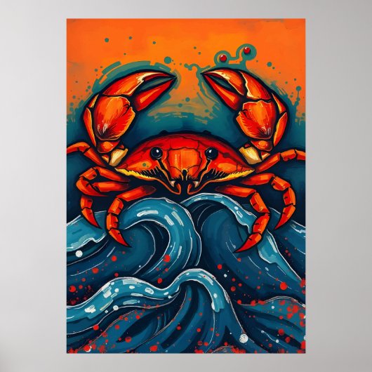 Fiery Red Crab - Vetgedrukte Zee Creature in Splas Poster (Voorkant)